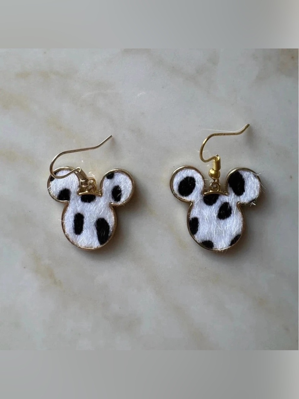 Black and White Spot faux fur Mouse Earrings - Cute Animal Dangle
